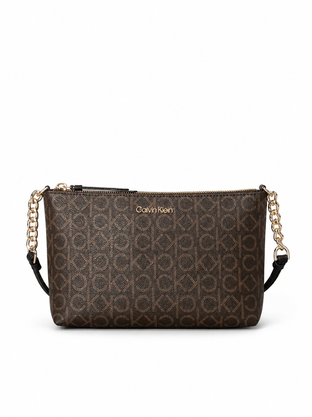 Calvin Klein Brown Logo-Print Crossbody with Gold Chain
